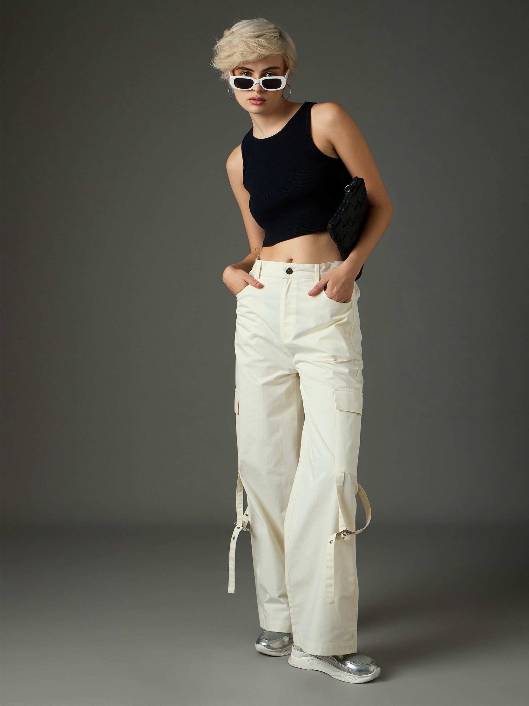 White Twill Pocket Loop Detail Cargo Pants-SASSAFRAS