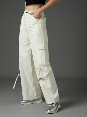 White Twill Pocket Loop Detail Cargo Pants-SASSAFRAS