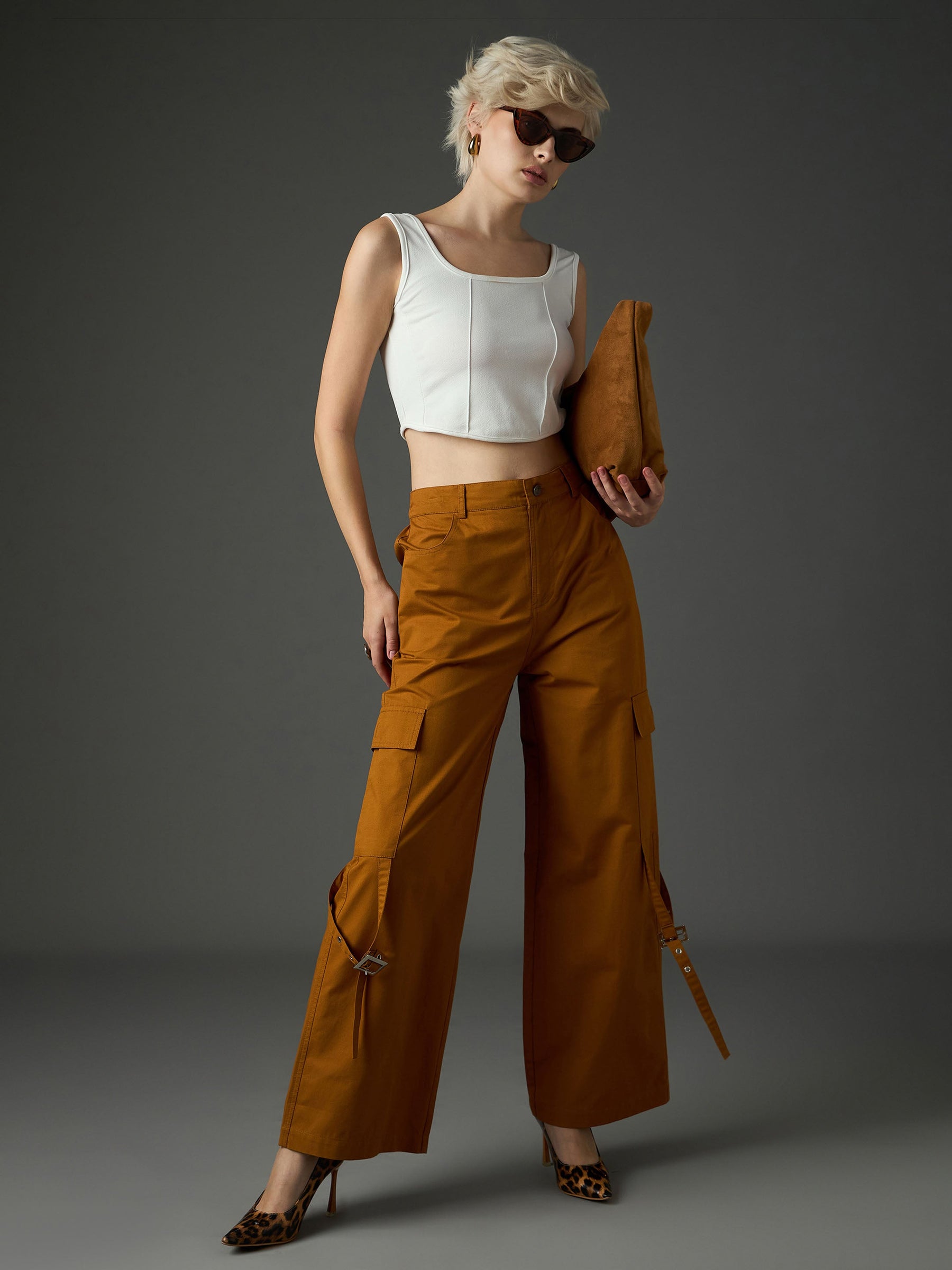 Tan Twill Pocket Loop Detail Cargo Pants-SASSAFRAS