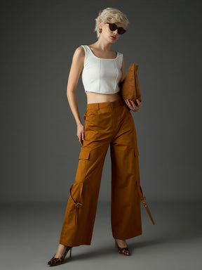 Tan Twill Pocket Loop Detail Cargo Pants-SASSAFRAS