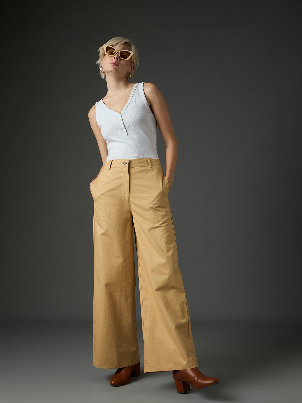 Beige Twill Flared Pants-SASSAFRAS