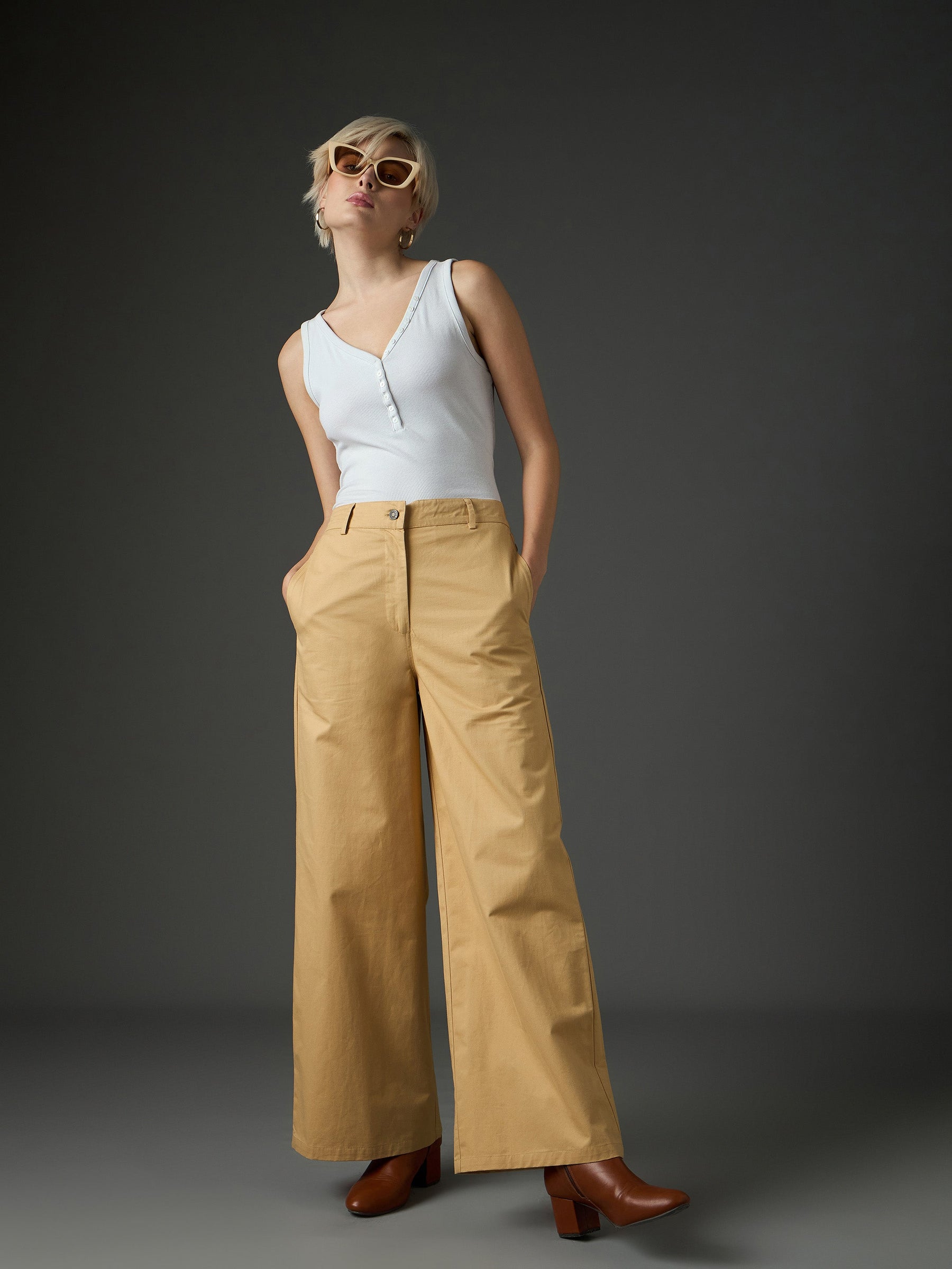 Beige Twill Flared Pants-SASSAFRAS