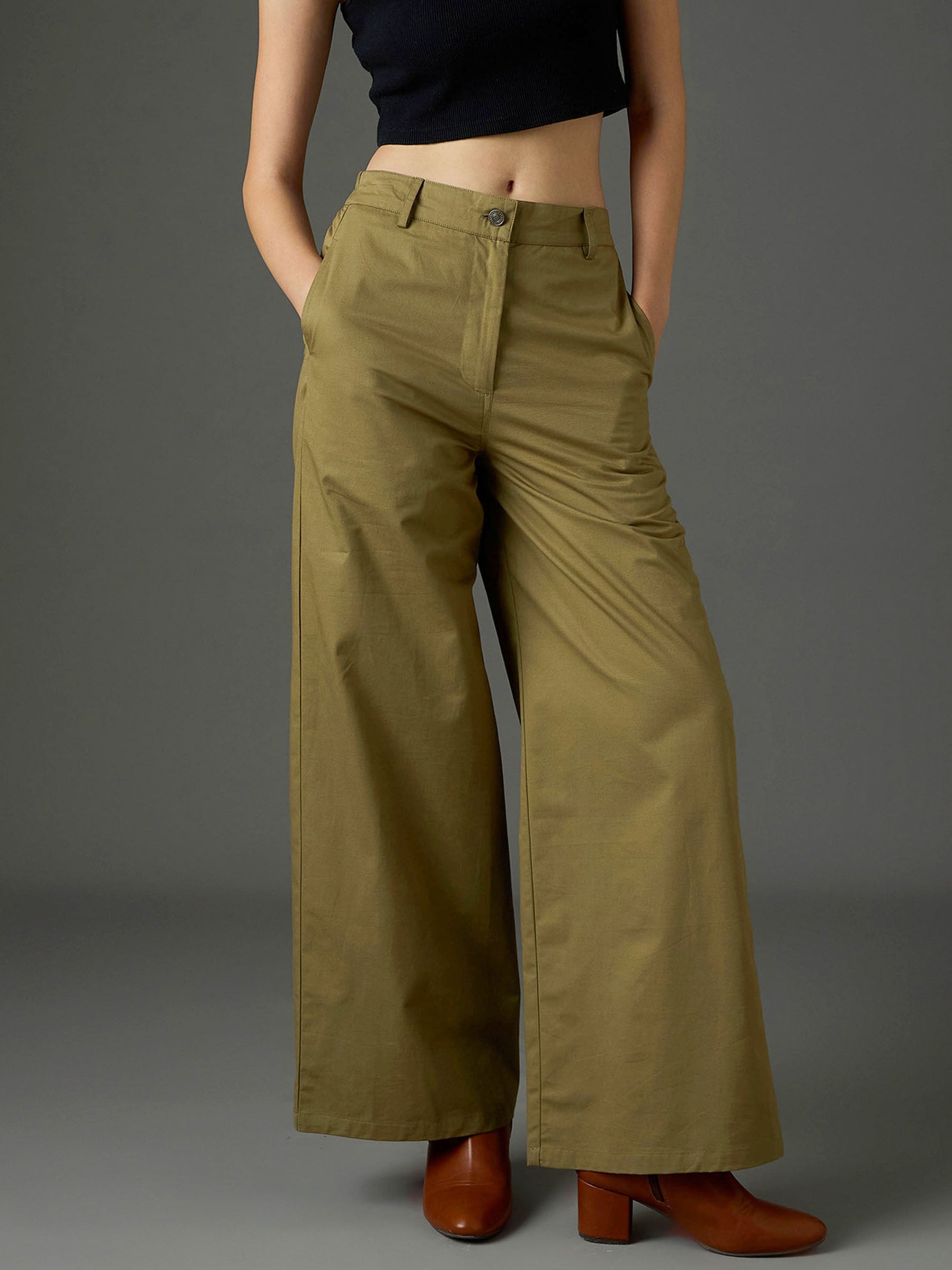 Olive Twill Flared Pants-SASSAFRAS