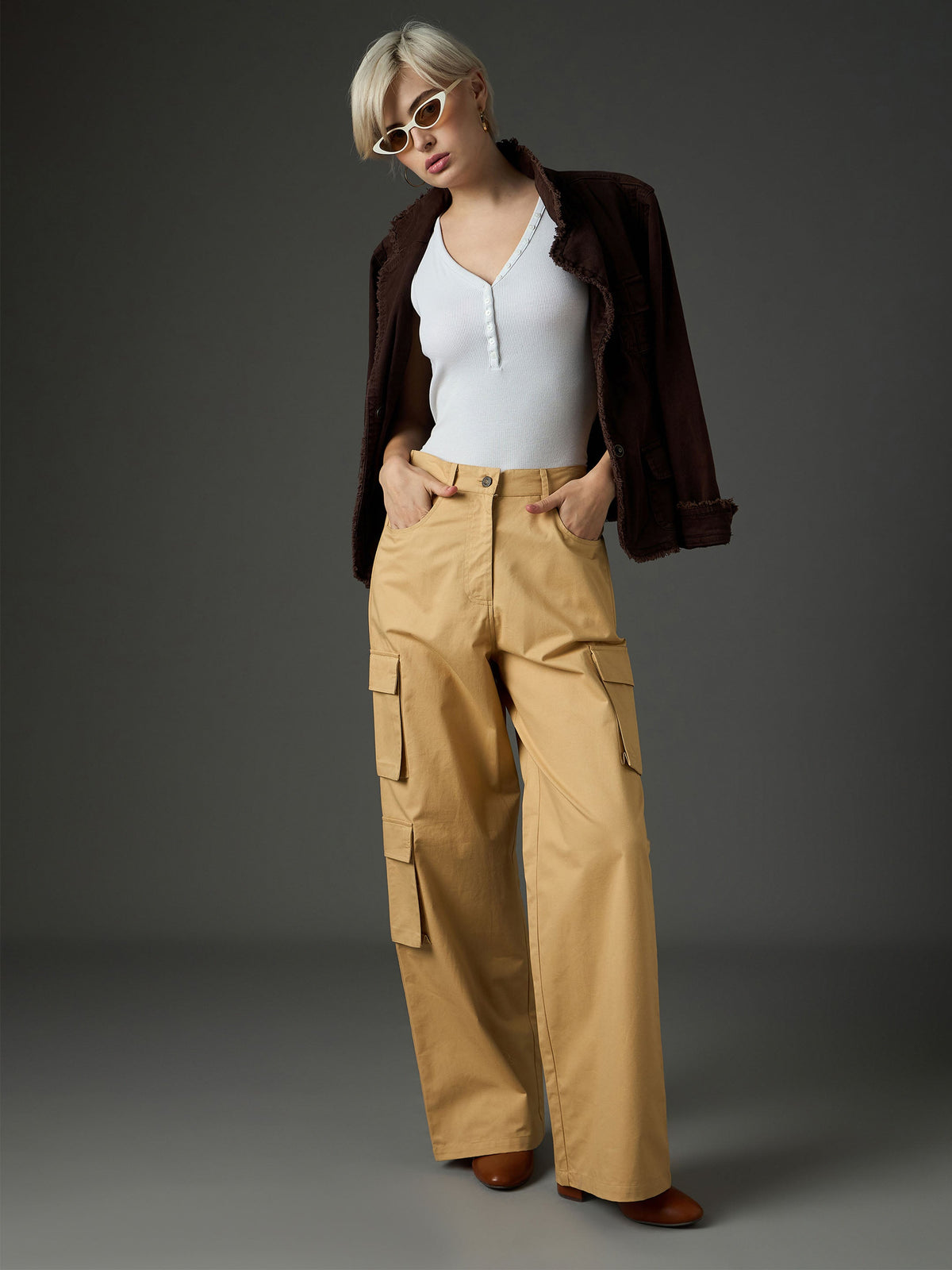 Beige Twill Box Pocket Straight Cargo Pants-SASSAFRAS