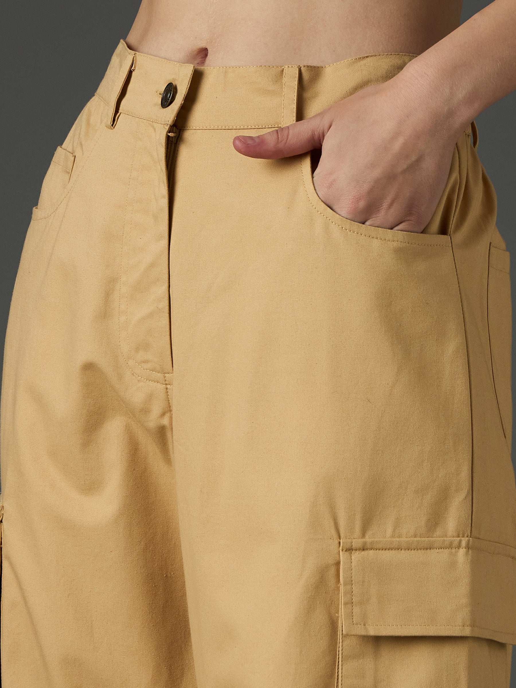 Beige Twill Box Pocket Straight Cargo Pants-SASSAFRAS