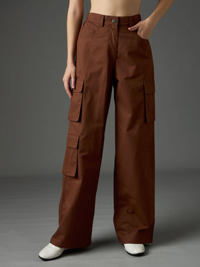 Brown Twill Box Pocket Straight Cargo Pants-SASSAFRAS