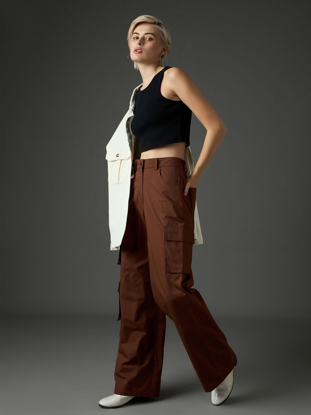 Brown Twill Box Pocket Straight Cargo Pants-SASSAFRAS