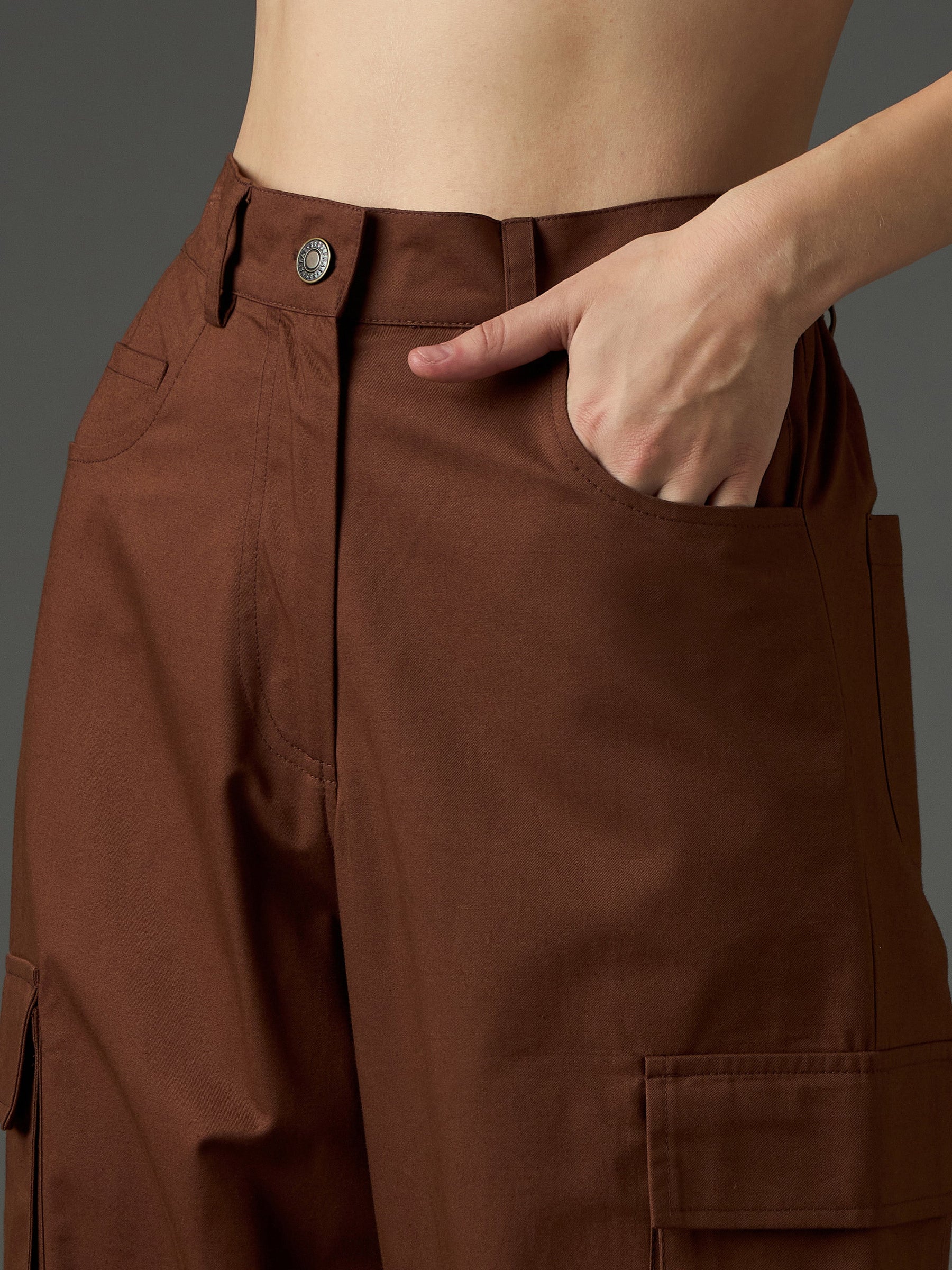 Brown Twill Box Pocket Straight Cargo Pants-SASSAFRAS