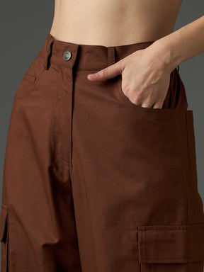 Brown Twill Box Pocket Straight Cargo Pants-SASSAFRAS