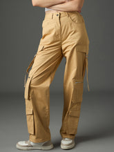 Beige Twill Zipper Pocket Cargo Straight Pants-SASSAFRAS