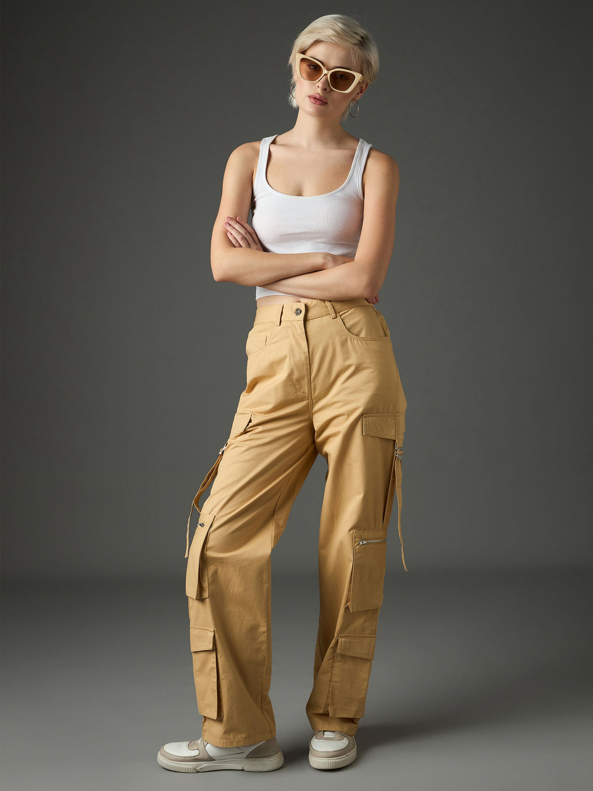 Beige Twill Zipper Pocket Cargo Straight Pants-SASSAFRAS