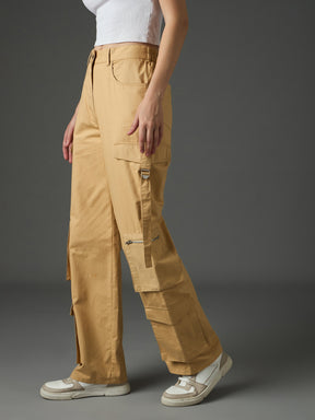 Beige Twill Zipper Pocket Cargo Straight Pants-SASSAFRAS