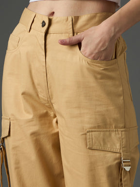 Beige Twill Zipper Pocket Cargo Straight Pants-SASSAFRAS