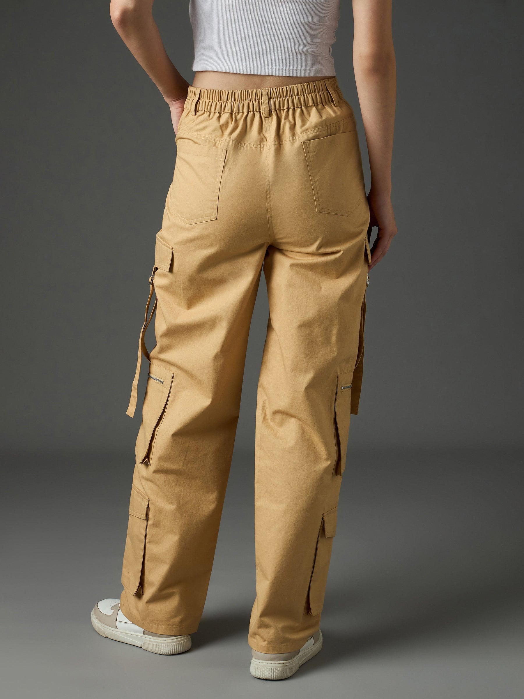 Beige Twill Zipper Pocket Cargo Straight Pants-SASSAFRAS