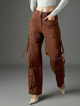 Brown Twill Zipper Pocket Cargo Straight Pants-SASSAFRAS