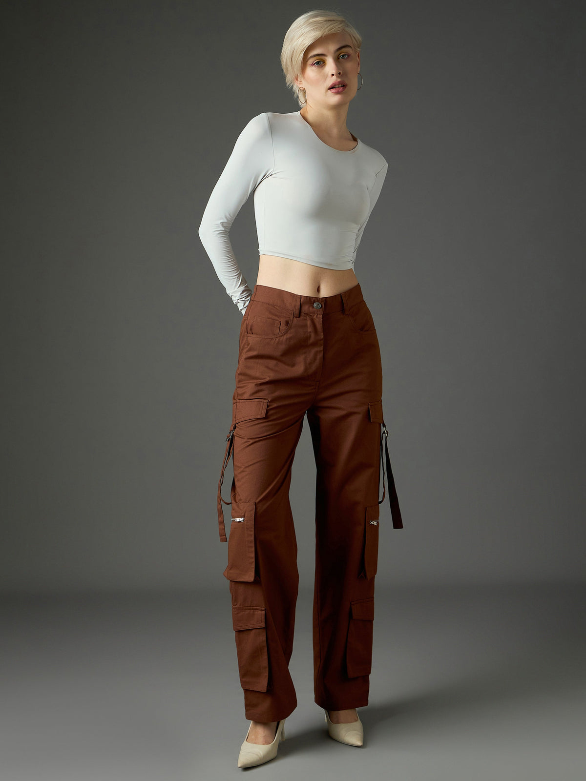 Brown Twill Zipper Pocket Cargo Straight Pants-SASSAFRAS