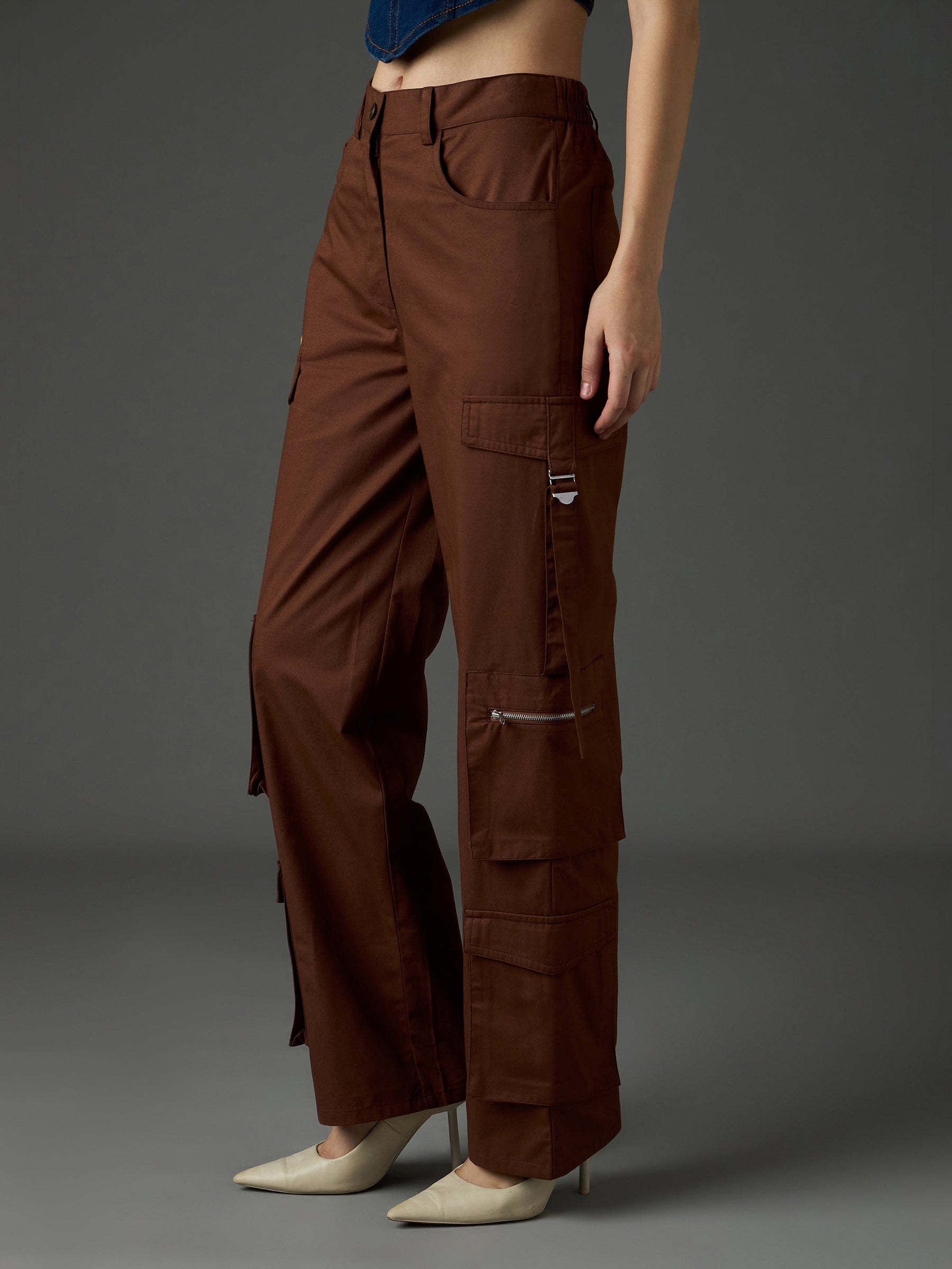 Brown Twill Zipper Pocket Cargo Straight Pants-SASSAFRAS