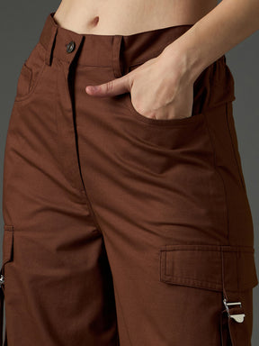 Brown Twill Zipper Pocket Cargo Straight Pants-SASSAFRAS
