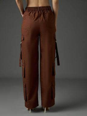 Brown Twill Zipper Pocket Cargo Straight Pants-SASSAFRAS