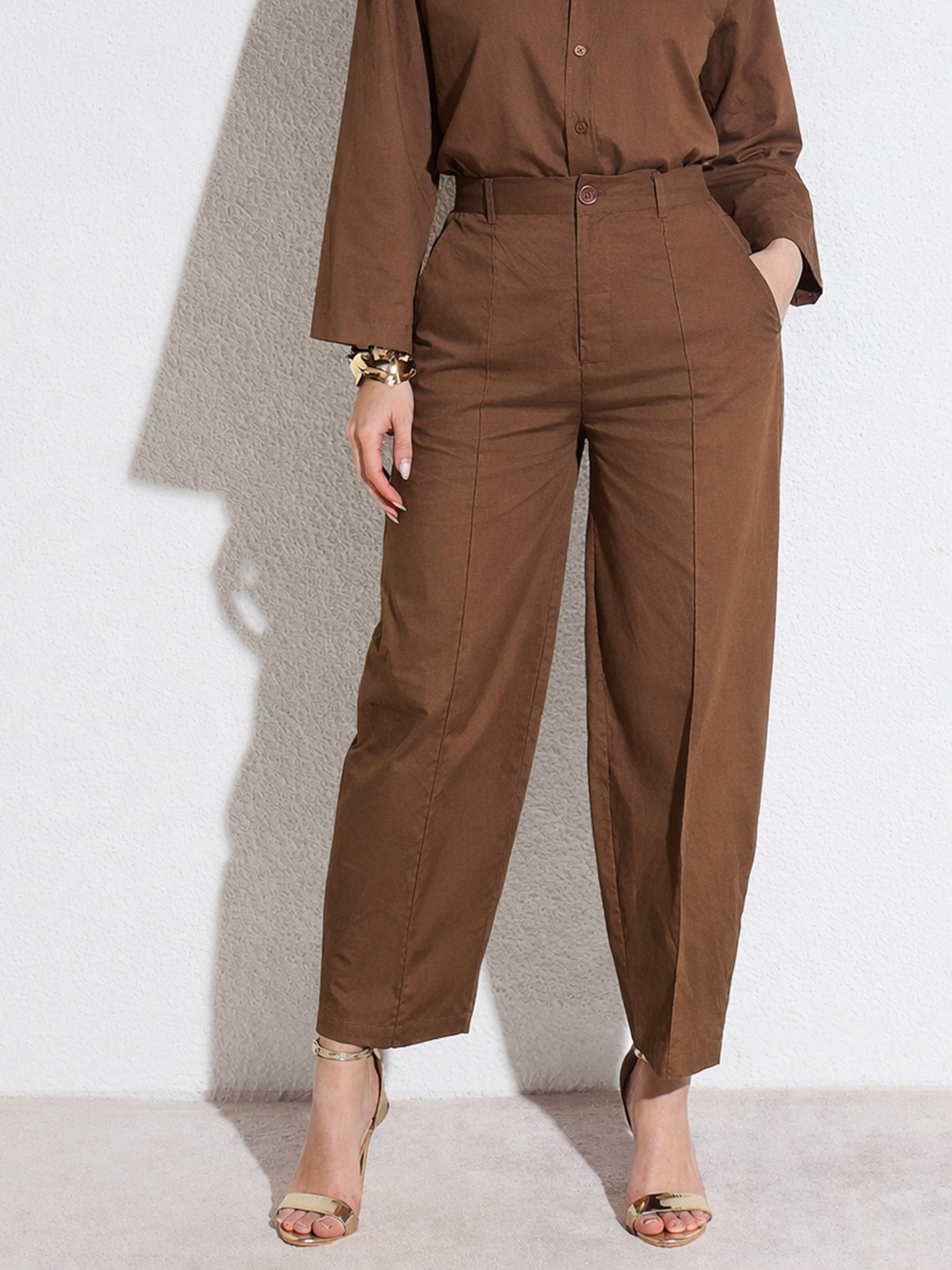 Brown Poplin Mom Fit Pants -SASSAFRAS