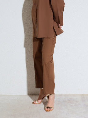 Brown Poplin Mom Fit Pants -SASSAFRAS