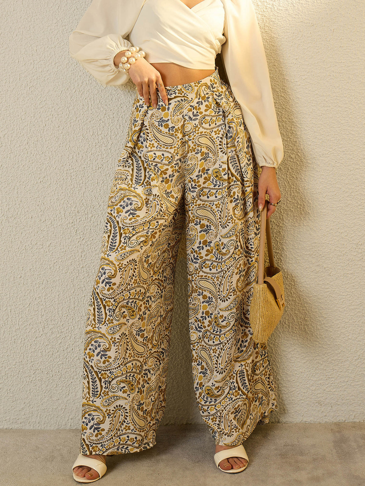Mustard Paisley Flared Trousers-SASSAFRAS