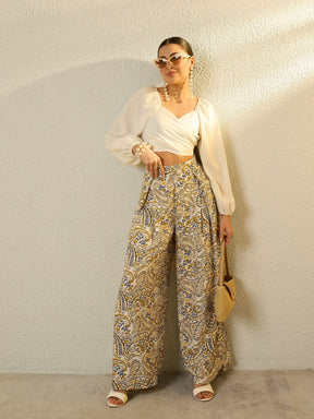 Mustard Paisley Flared Trousers-SASSAFRAS