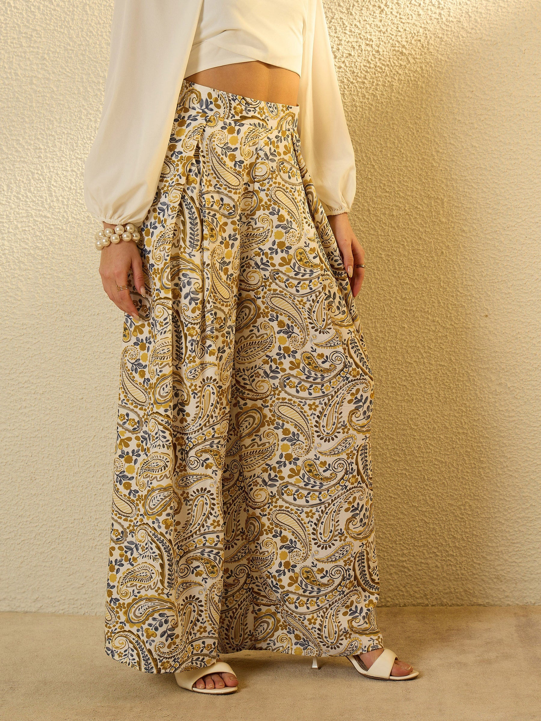 Mustard Paisley Flared Trousers-SASSAFRAS