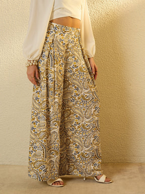 Mustard Paisley Flared Trousers-SASSAFRAS