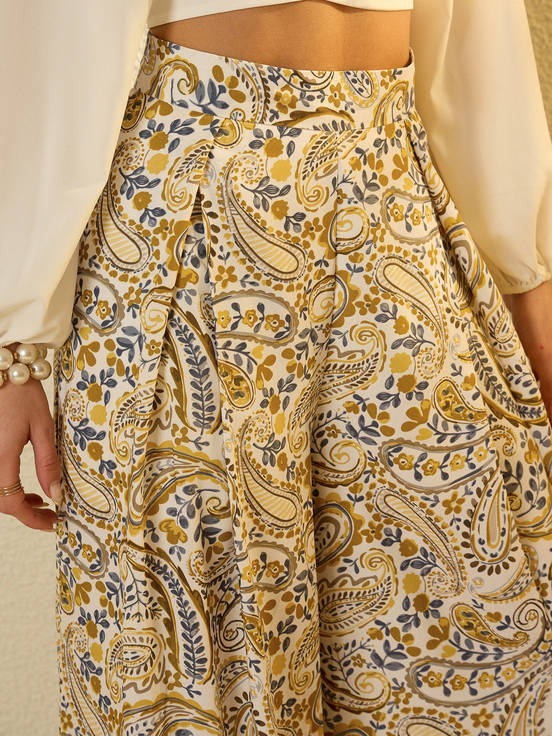 Mustard Paisley Flared Trousers-SASSAFRAS