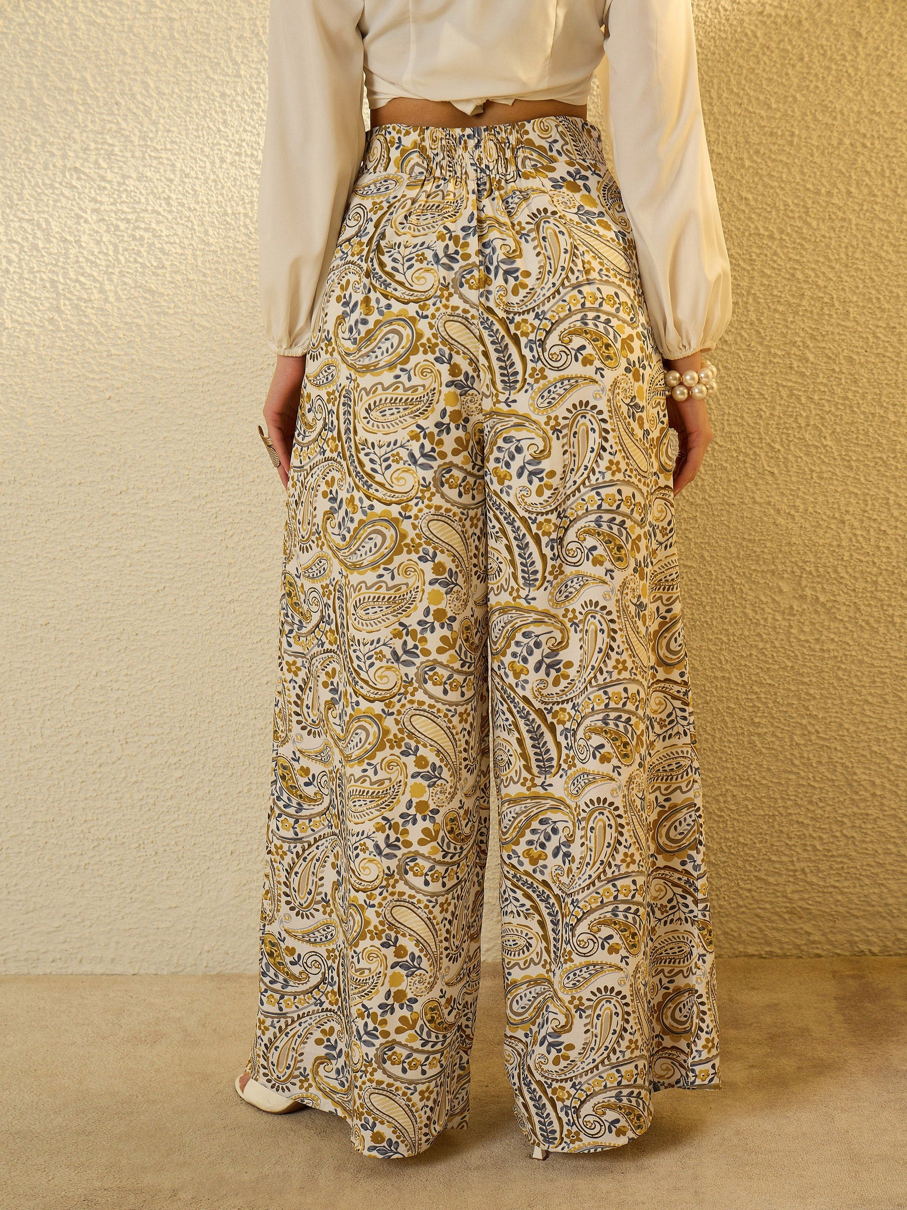 Mustard Paisley Flared Trousers-SASSAFRAS