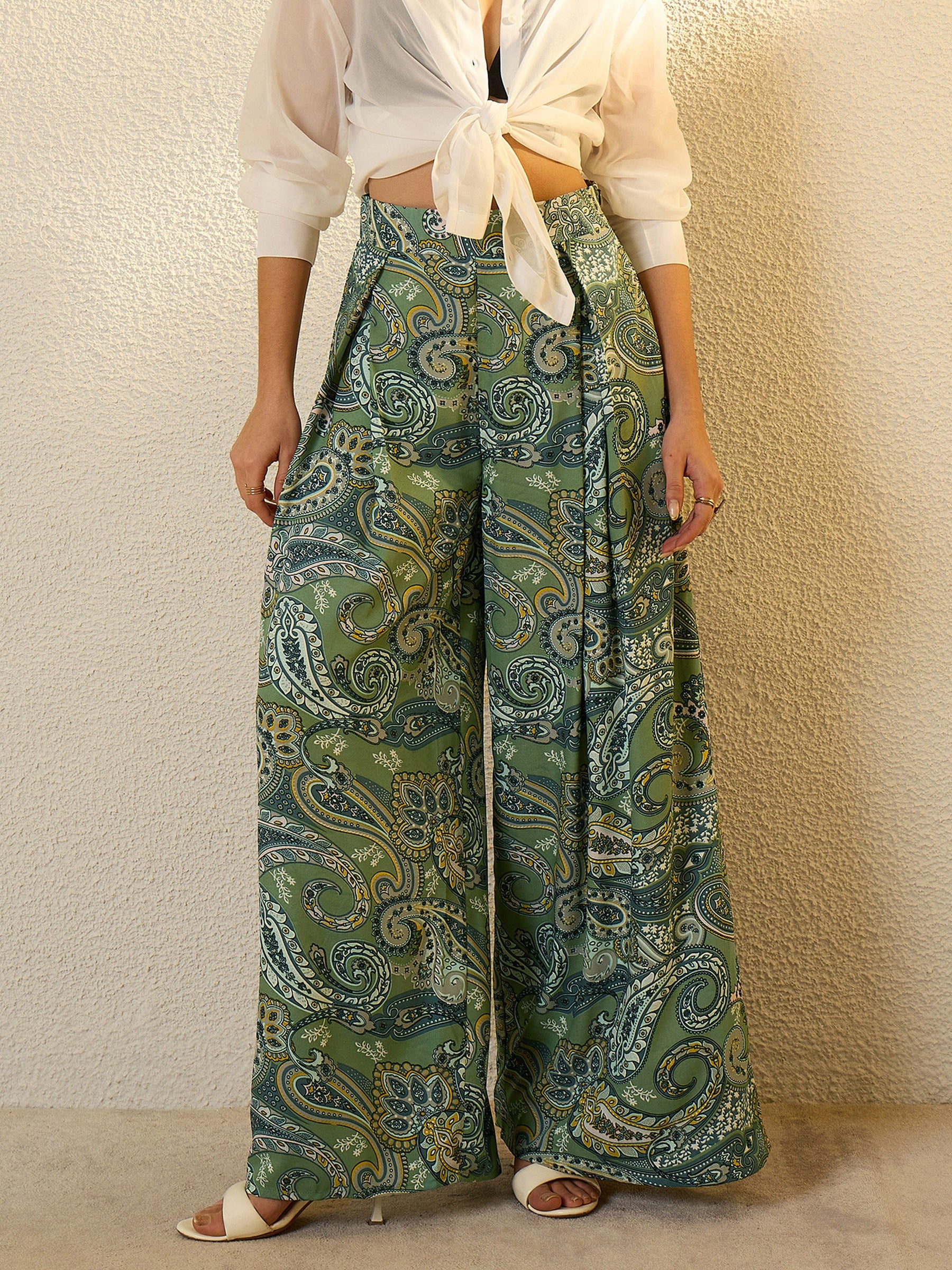 Green Paisley Ruffle Flared Trousers-SASSAFRAS