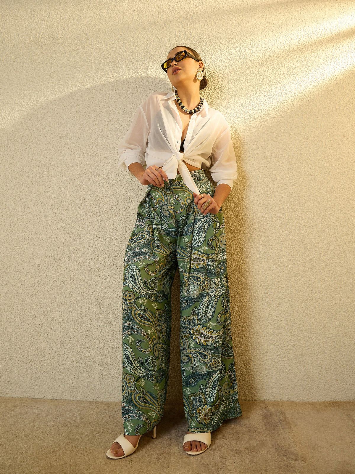 Green Paisley Ruffle Flared Trousers-SASSAFRAS