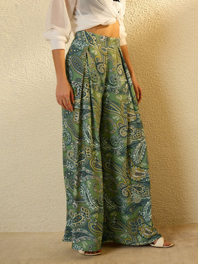 Green Paisley Ruffle Flared Trousers-SASSAFRAS