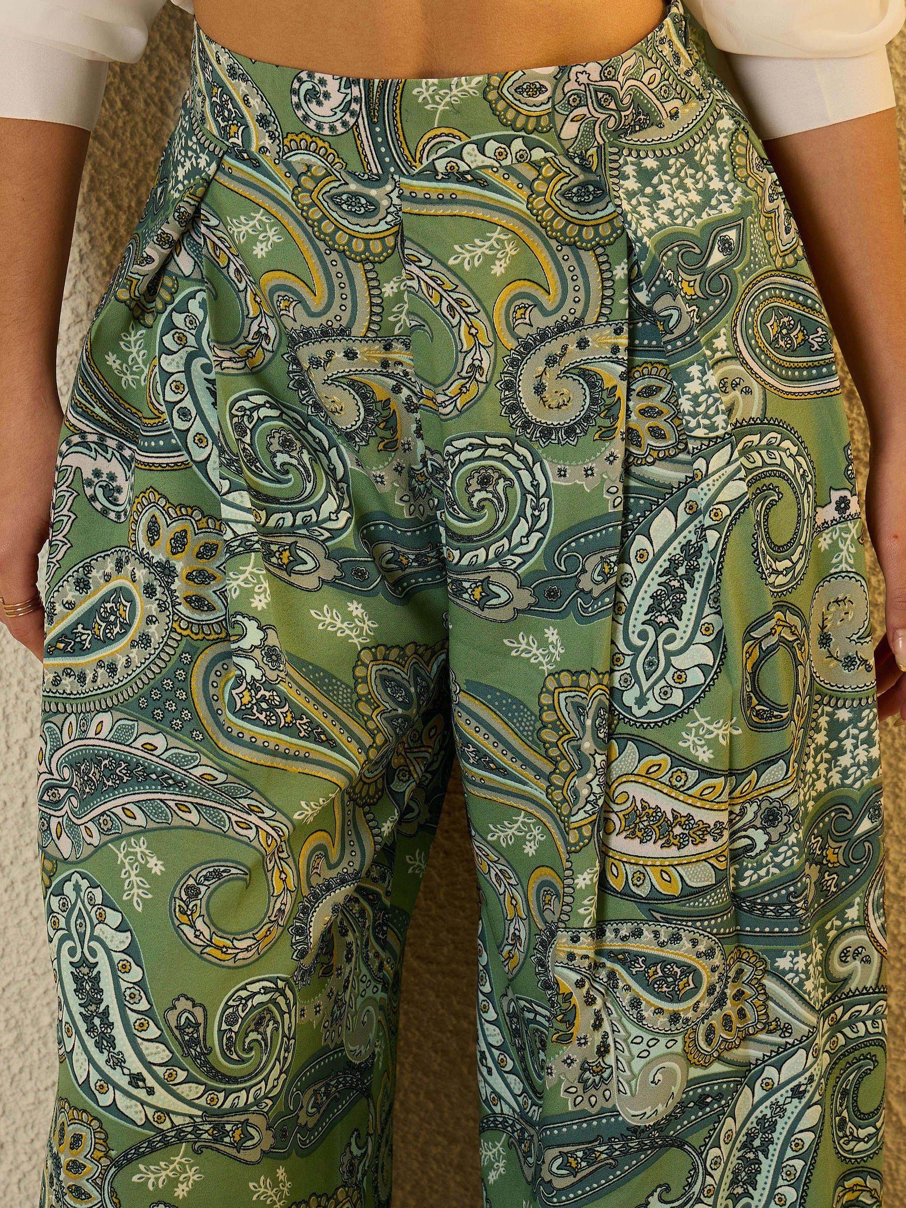 Green Paisley Ruffle Flared Trousers-SASSAFRAS