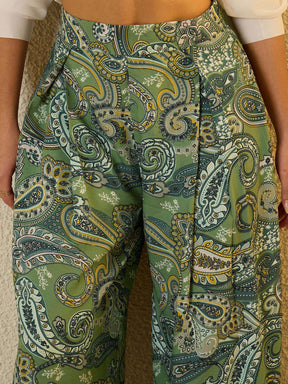 Green Paisley Ruffle Flared Trousers-SASSAFRAS