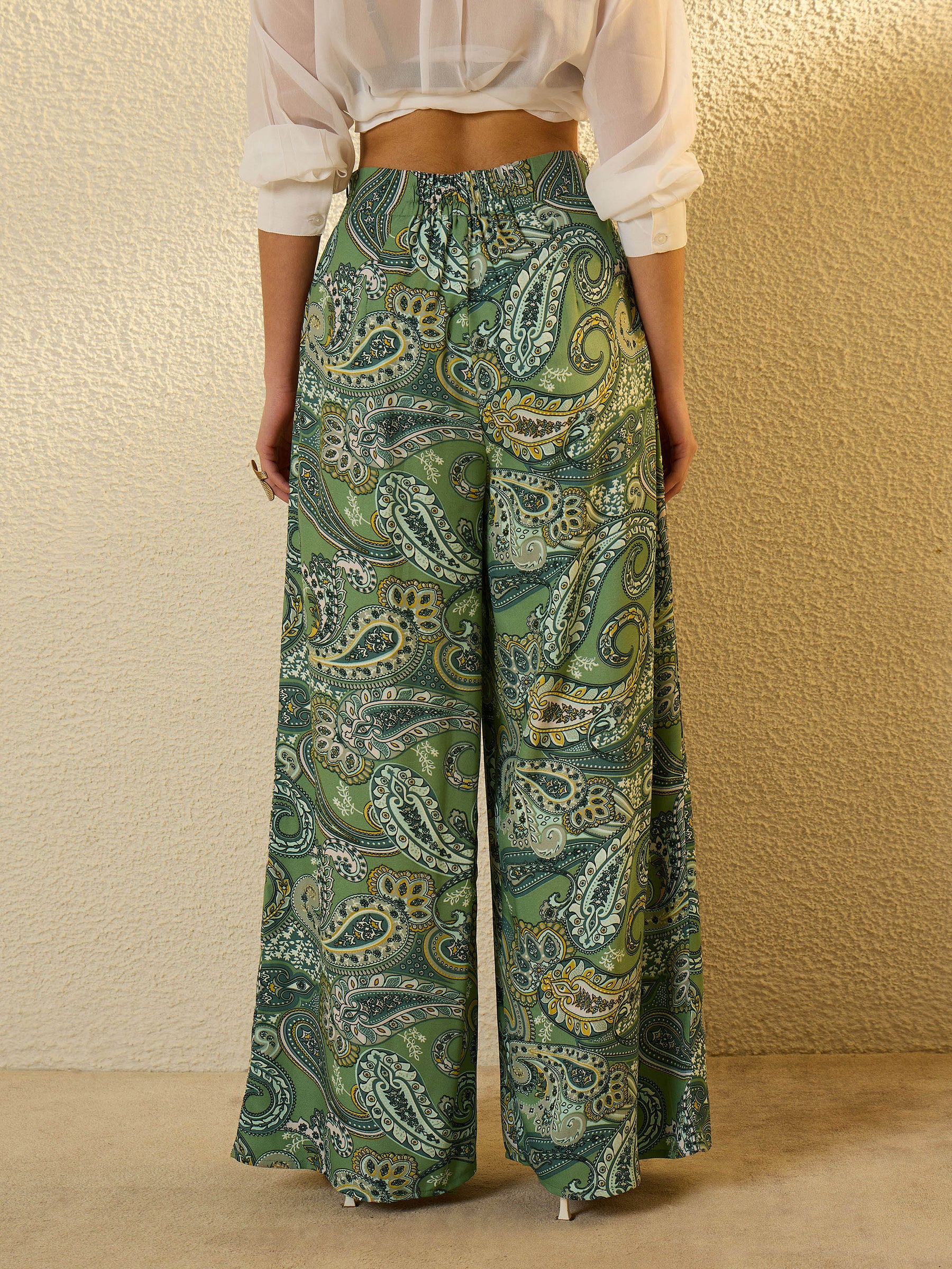 Green Paisley Ruffle Flared Trousers-SASSAFRAS