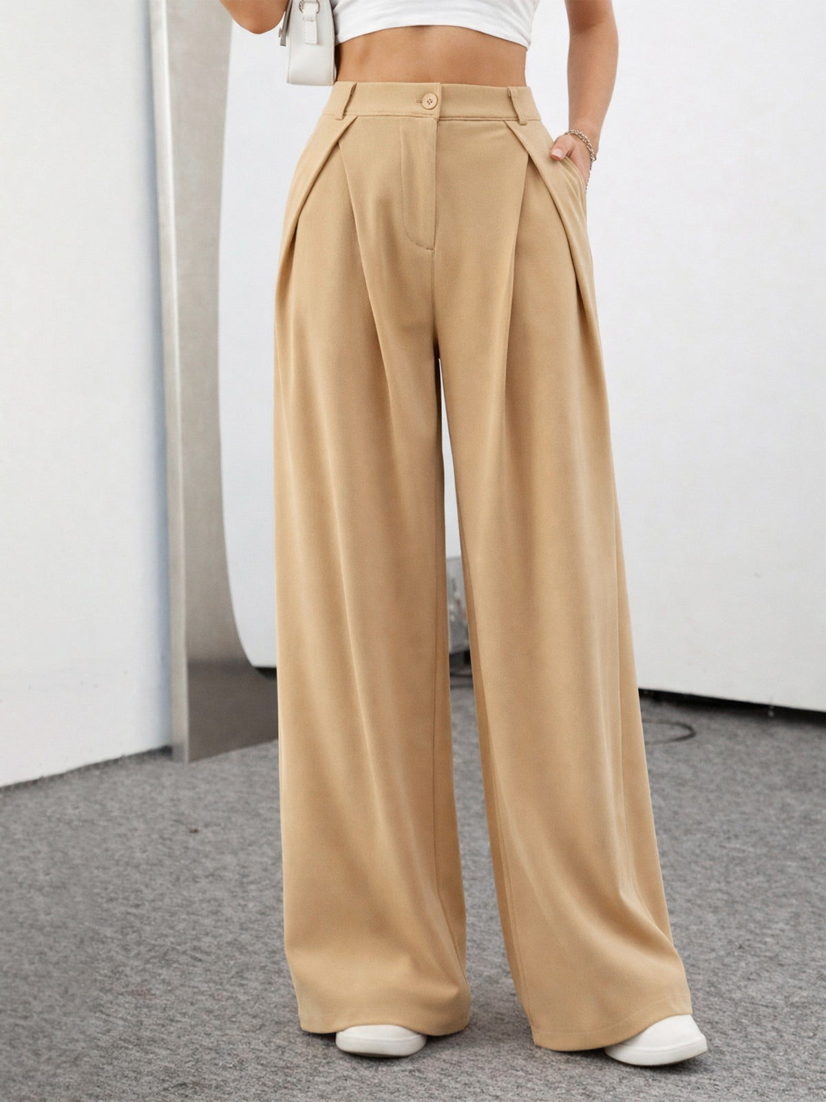 Beige Knife Pleat Wide Leg Korean Pants-SASSAFRAS BASICS