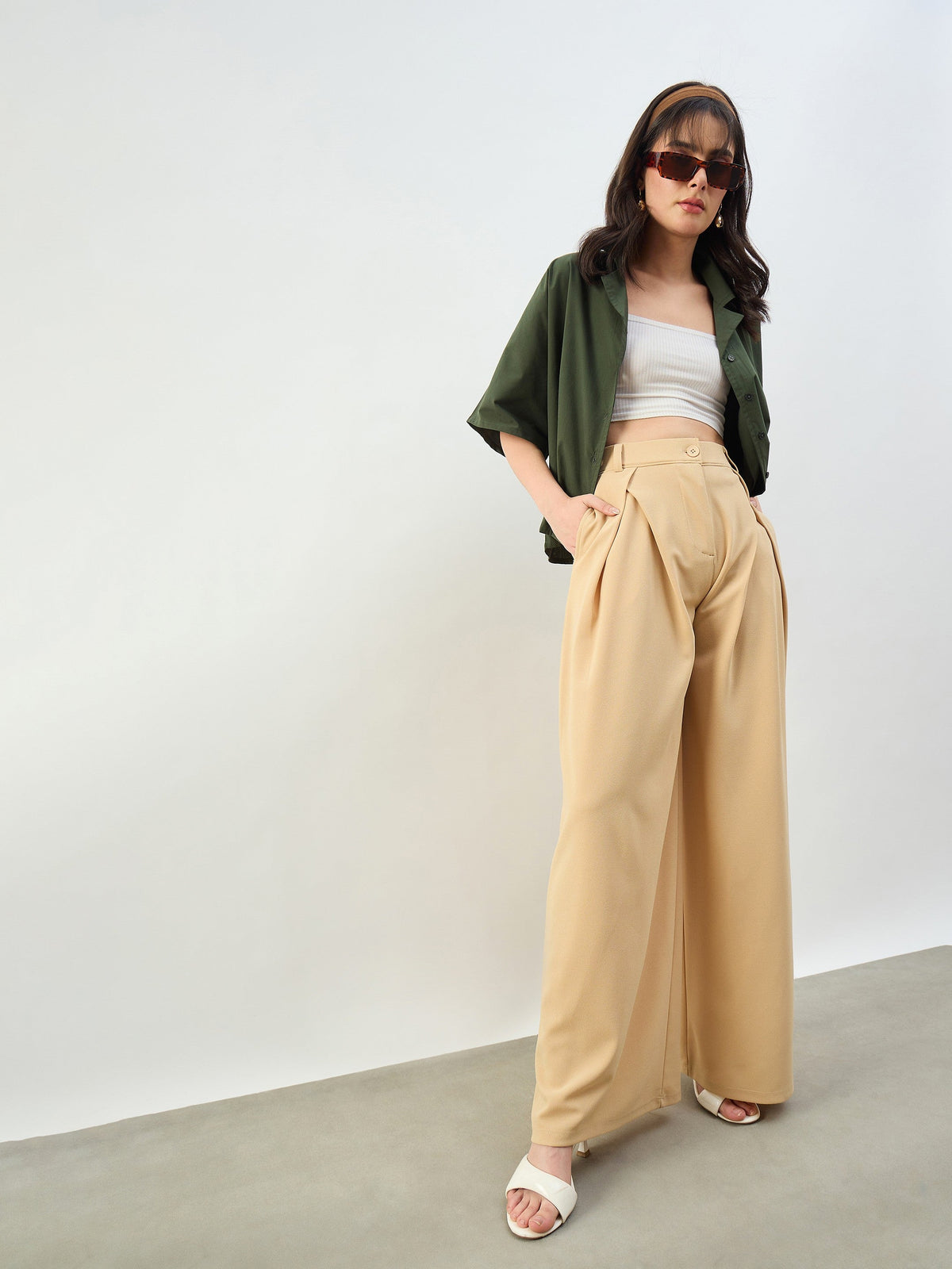 Beige Knife Pleat Wide Leg Korean Pants-SASSAFRAS BASICS
