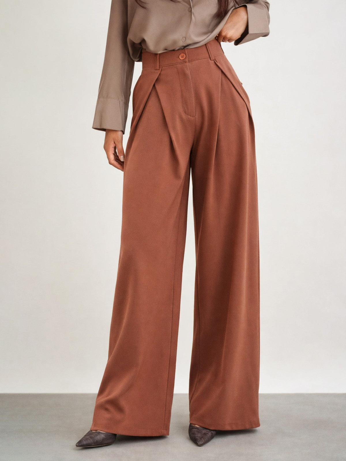 Rust Knife Pleat Wide Leg Korean Pants-SASSAFRAS BASICS