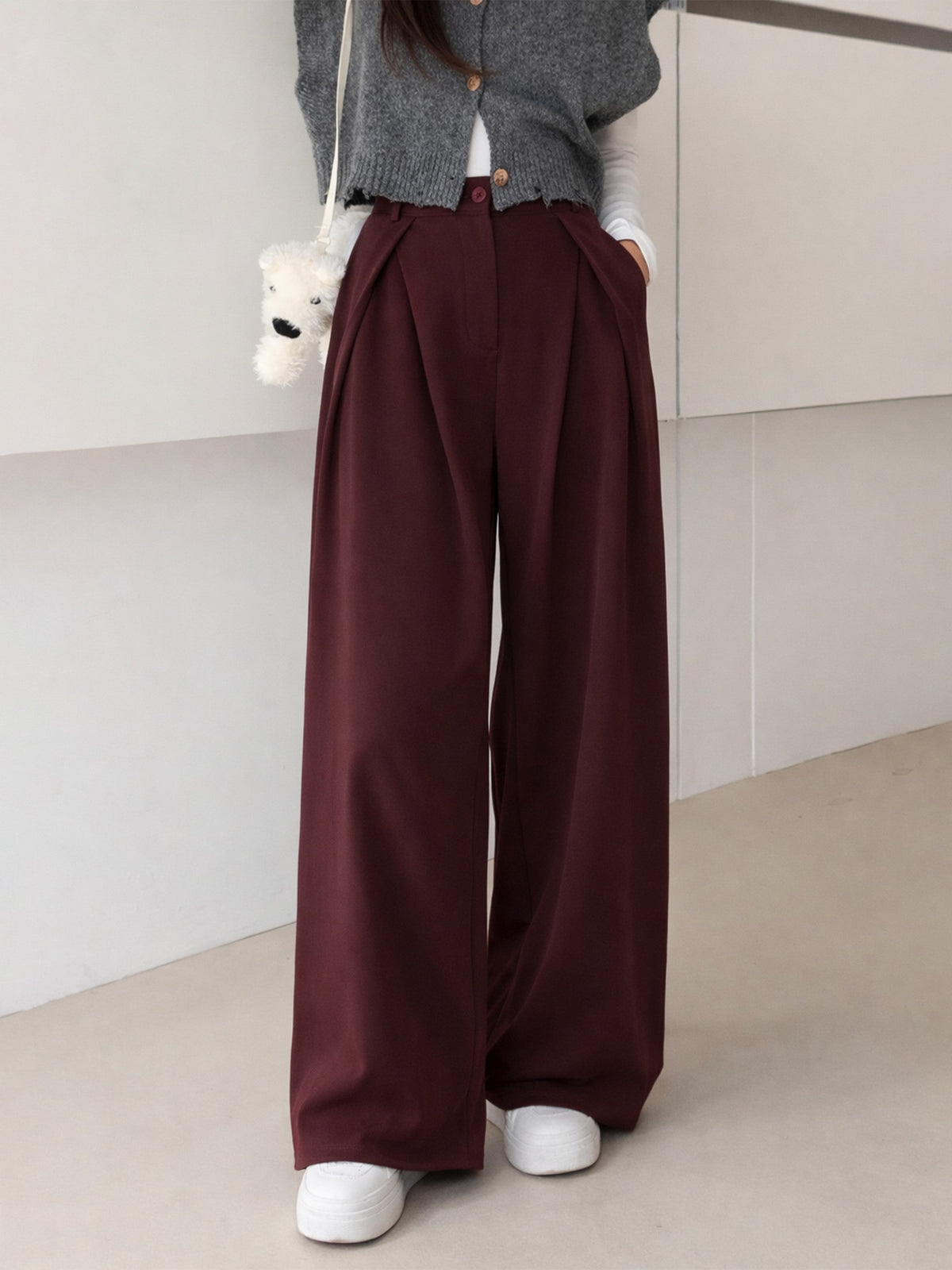 Maroon Knife Pleat Wide Leg Korean Pants-SASSAFRAS BASICS