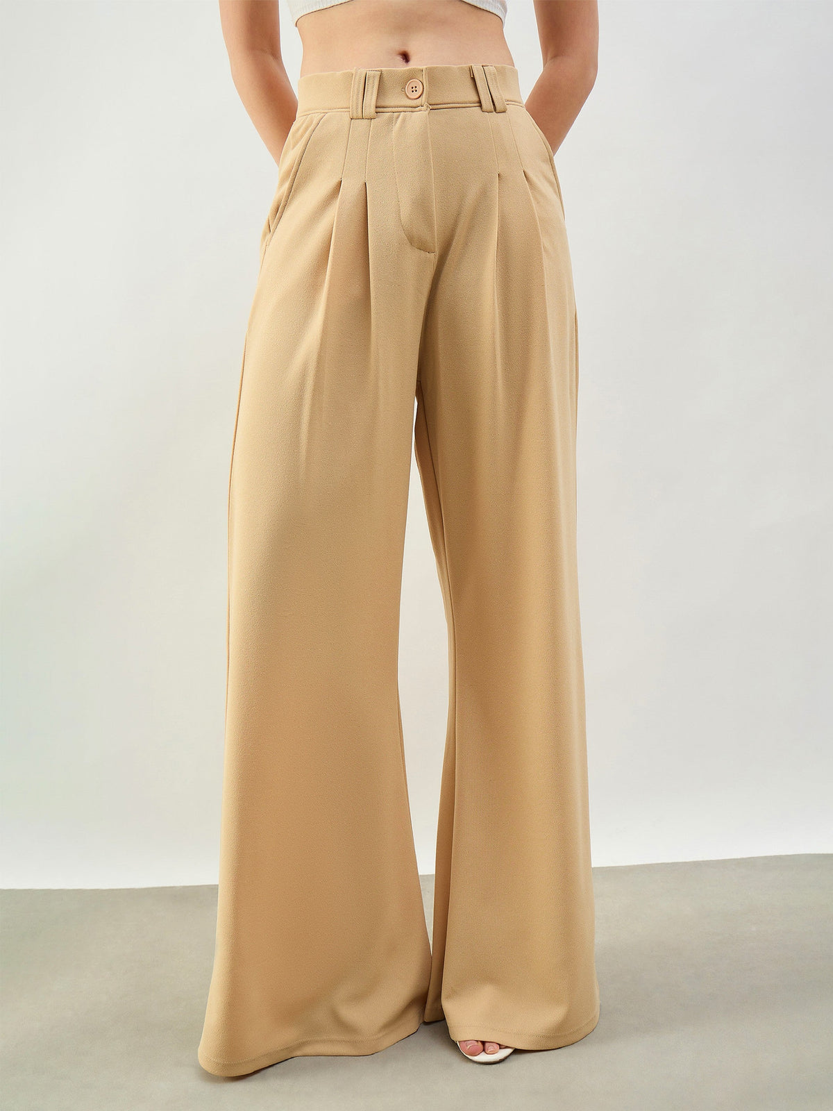Beige Pleated Double Loop Korean Pants-SASSAFRAS BASICS