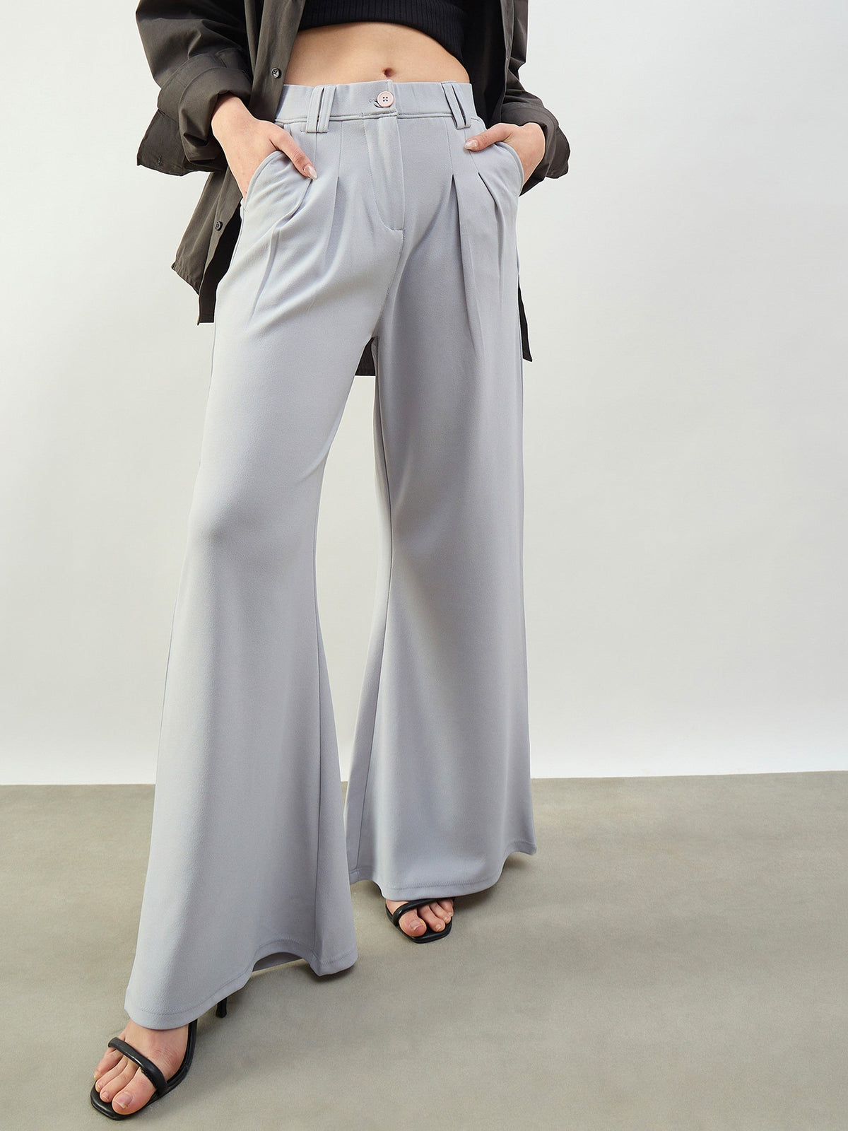 Grey Pleated Double Loop Korean Pants-SASSAFRAS BASICS