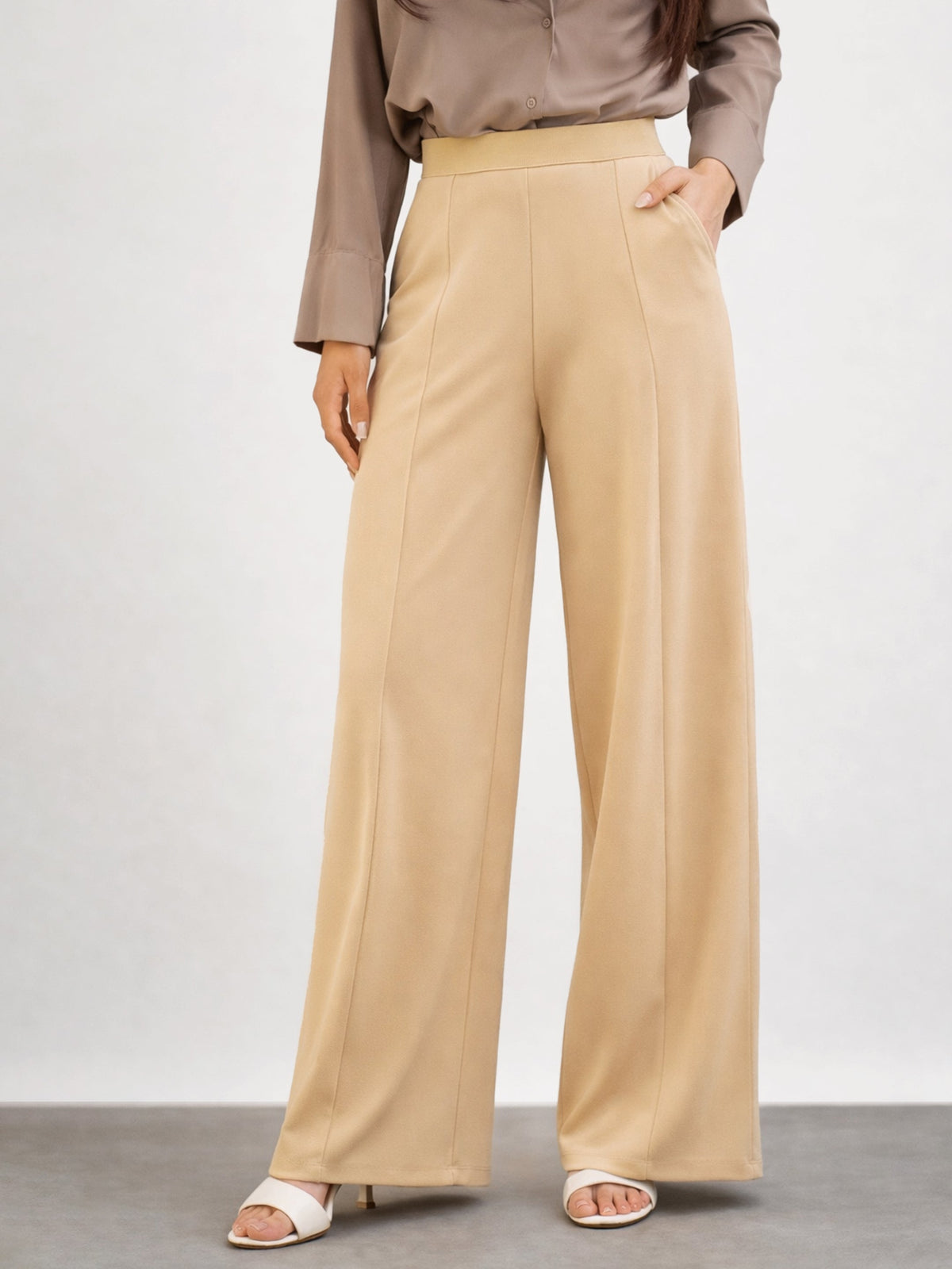 Beige Elasticated Waist Straight Fit Korean Pants-SASSAFRAS BASICS