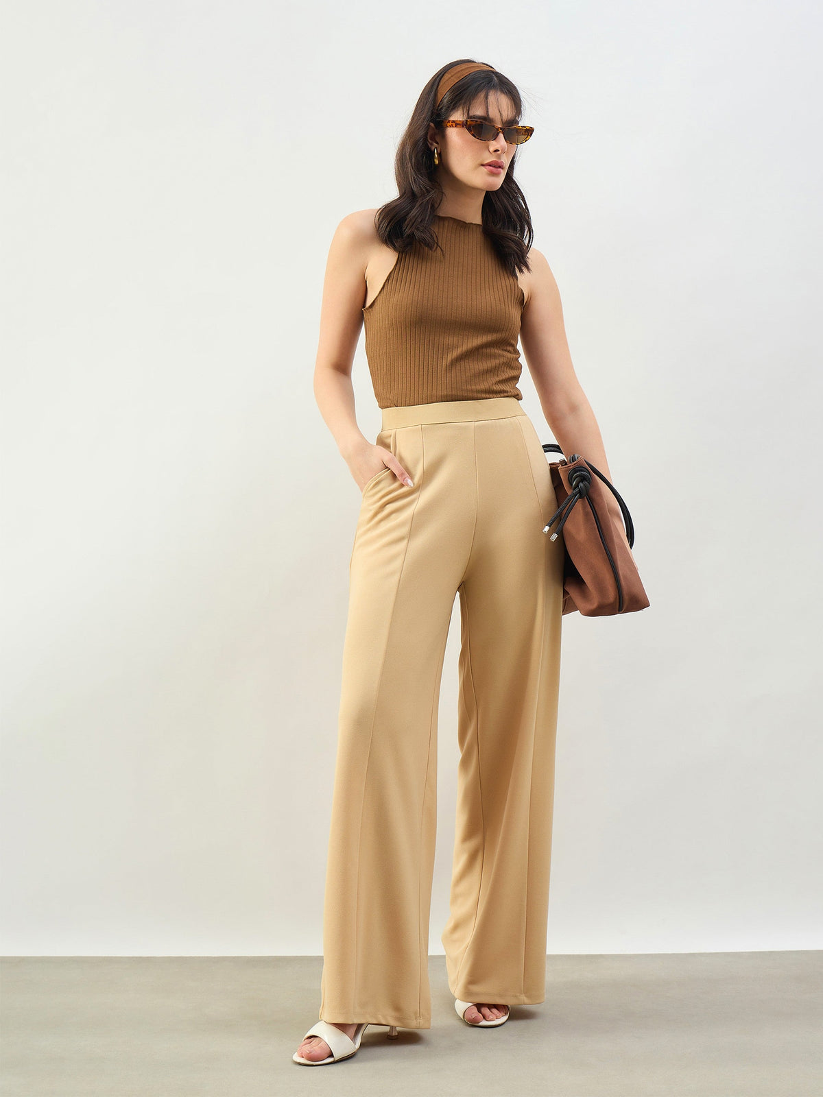 Beige Elasticated Waist Straight Fit Korean Pants-SASSAFRAS BASICS