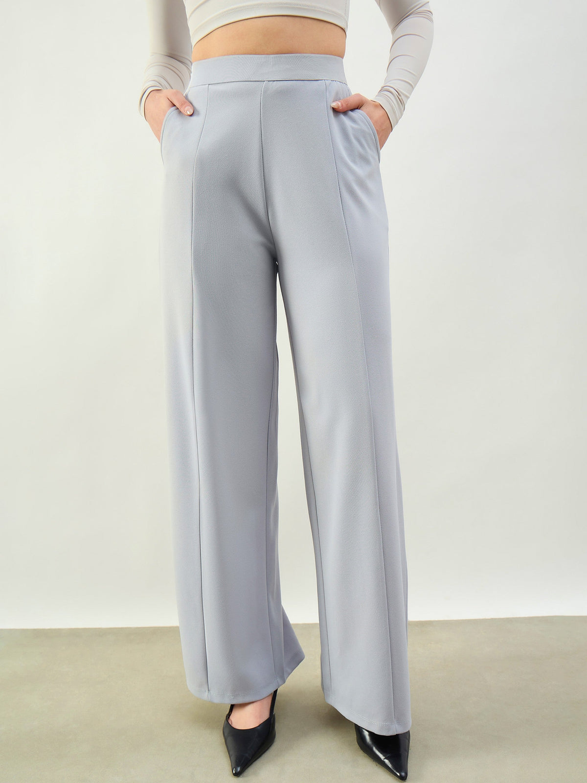 Grey Elasticated Waist Straight Fit Korean Pants-SASSAFRAS BASICS