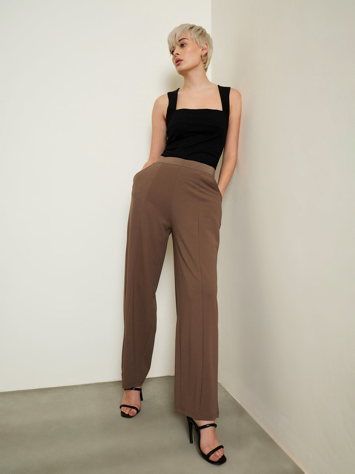 Brown Elasticated Waist Straight Fit Korean Pants-SASSAFRAS BASICS
