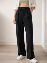 Black Front Pleated Belted Straight Pants-SASSAFRAS