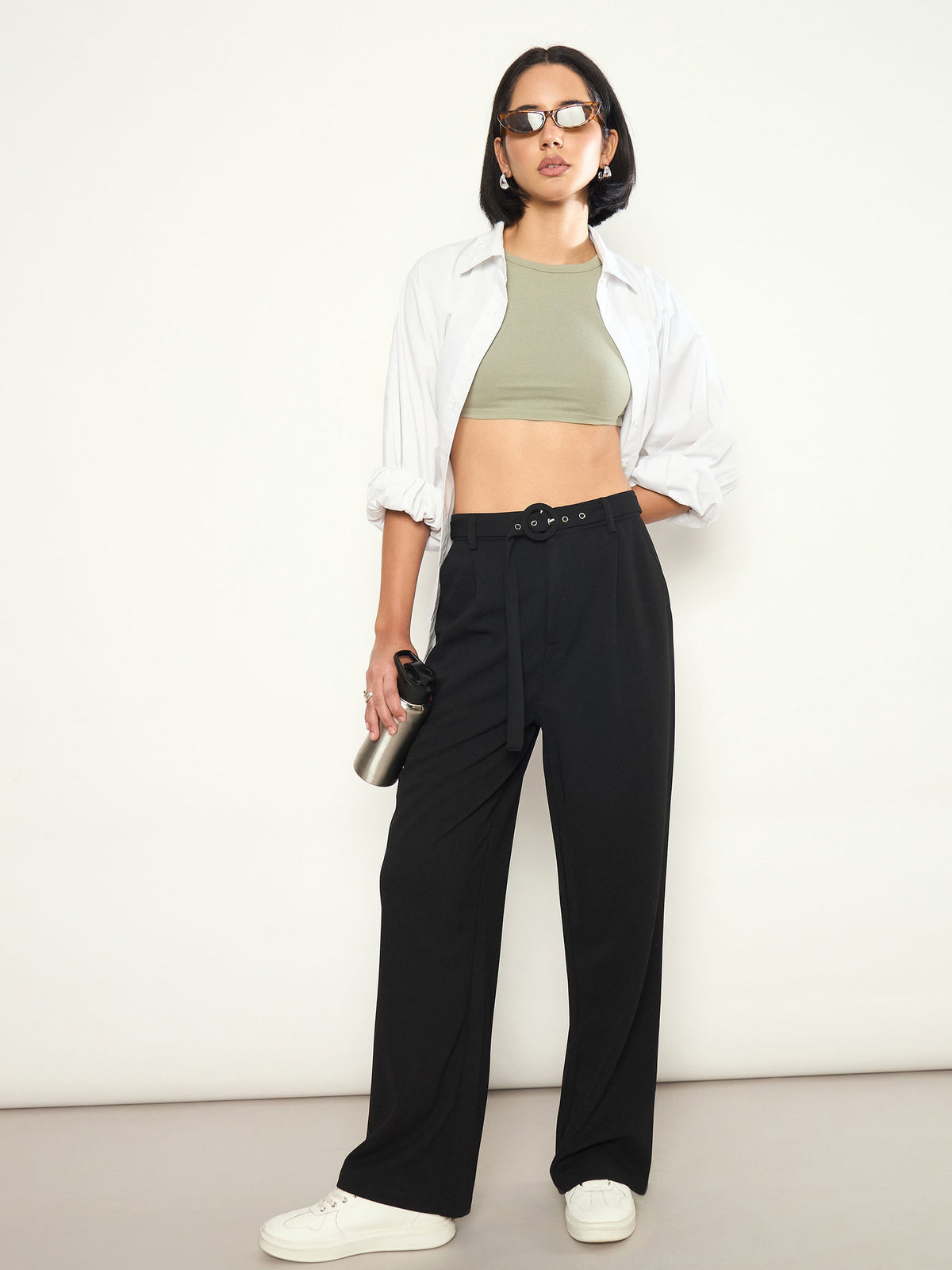 Black Front Pleated Belted Straight Pants-SASSAFRAS