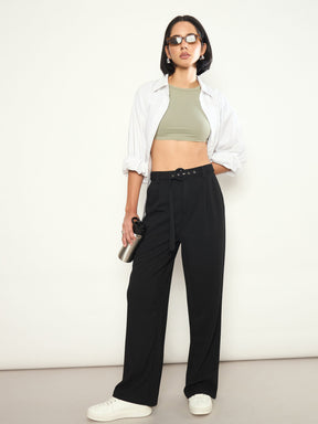 Black Front Pleated Belted Straight Pants-SASSAFRAS